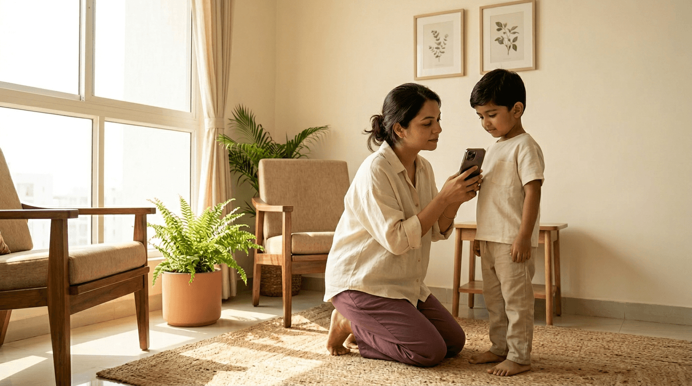 A mother guiding a wellcheck for her young son at home, phone in hand