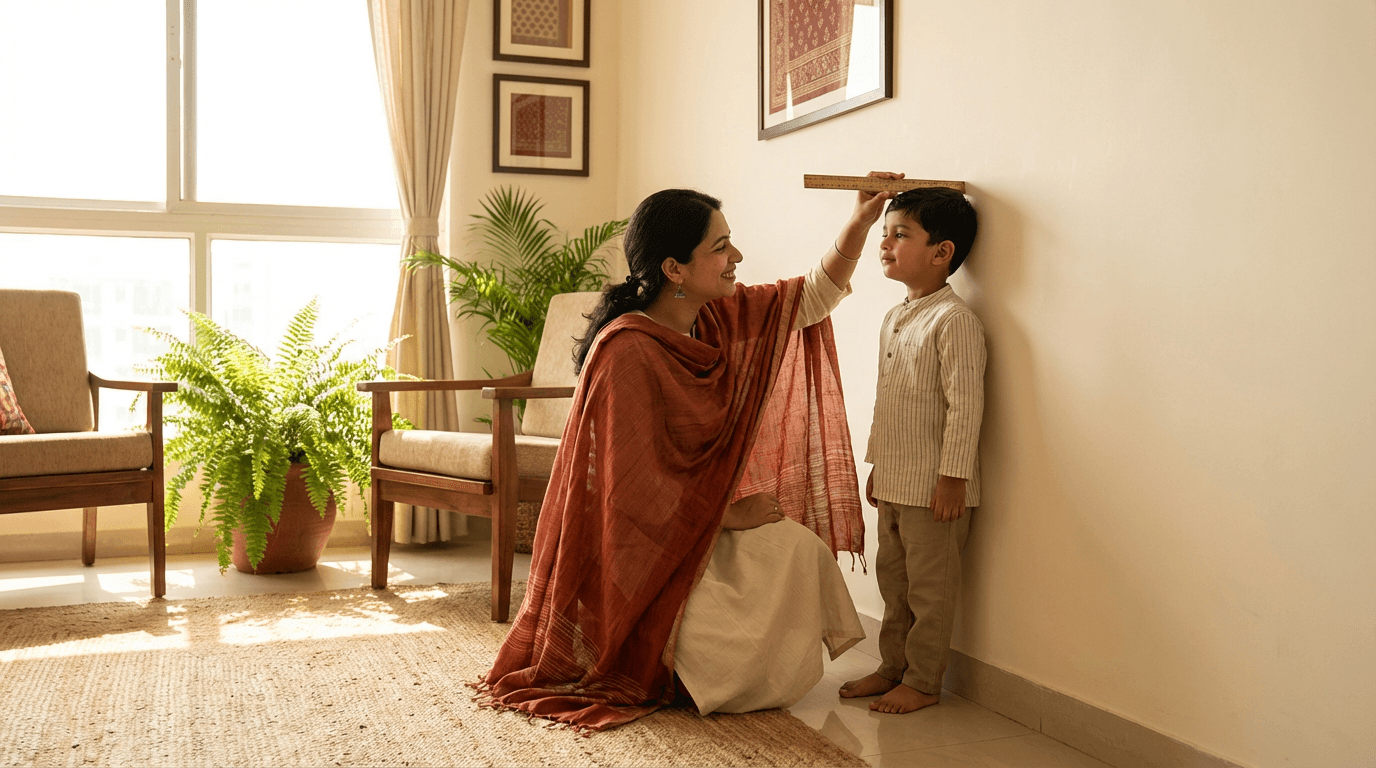 An Indian mother measuring her young son's height at home